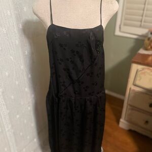 Vintage Elegant Black Silk Floral Slip Dress with Beaded Accents
